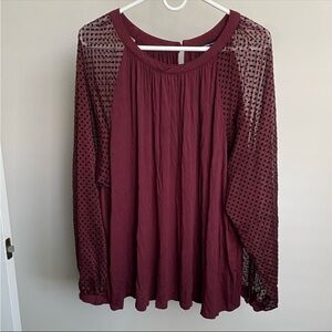 🔥 5/$25 Zac & Rachel Woman Maroon Dotted Top Shirt Sheer Sleeves 2X 2XL XXL